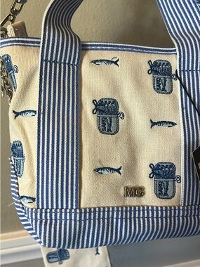 Viral TJMaxx Striped Canvas Tote with Blue Embroidery and Fish Charms!